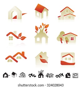 Set of nine icons with housing and real estate symbols.