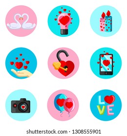 Set of nine icons inscribed in a circle. Flat Design Vector Illustration for Happy Valentines Day . Love Holiday. Collection of Wedding website Icons.