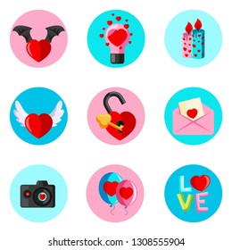 Set of nine icons inscribed in a circle. Flat Design Vector Illustration for Happy Valentines Day . Love Holiday. Collection of Wedding website Icons.