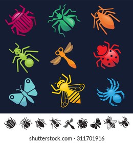 Set of nine icons with insect silhouettes and symbols.
