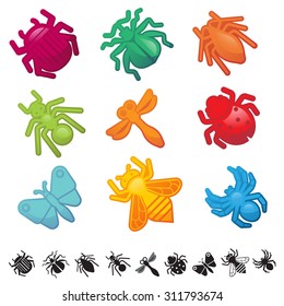 Set of nine icons with insect silhouettes and symbols.
