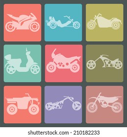 Set of nine icons of motorbikes. Vector illustration