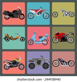 Set of nine icons of motorbikes. Vector illustration