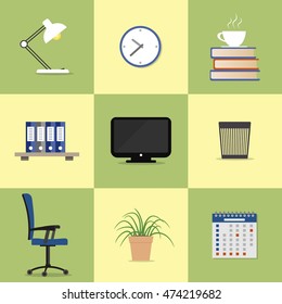 Set of nine icons of office elements. There is the monitor, lamp, chair, clock, a calendar, a flower in a pot, folders, books, a cup of coffee and a recycle bin in the picture. Flat vector design