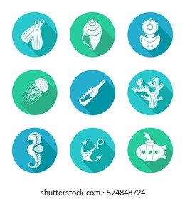 Set of nine icons on the theme of the underwater world.