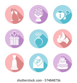 Set of nine icons on a theme wedding. In delicate tones.