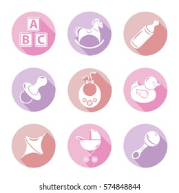 Set of nine icons on the theme of birth and babies. In delicate tones.