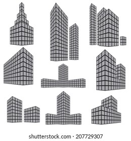 Set of nine icons representing different types of high-rise buildings: grey and black on white background. Vector illustration
