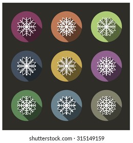 Set of nine icons with snowflakes long shadow, flat style, vector illustration.