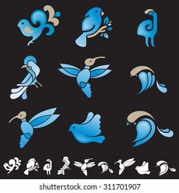 Set of nine icons with stylized birds silhouettes
