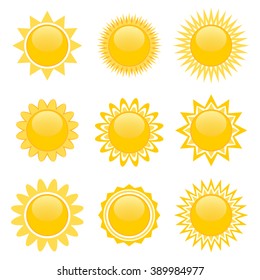 Set of nine icons of sun isolated over white for video game