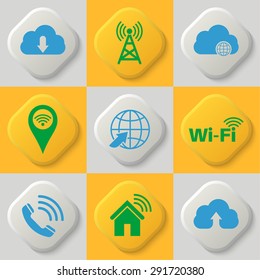 Set of nine icons of a wireless communication, wifi, cloud storage, network. Wi-Fi connection. Cloud service. Button. Vector element of graphic design