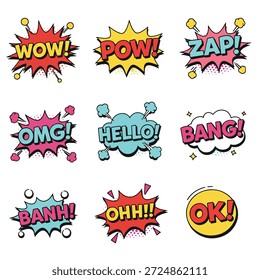 Eine Reihe von neun illustrierten Comic-Sprechblasen mit verschiedenen Ausrufen wie "WOW!", "POW!", "ZAP!", "OMG!", "HELLO!", "BANG!", "BANH!", "OHH!!!" und "OK!".