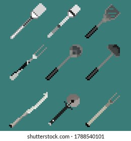 Un conjunto de nueve herramientas de cocina de ilustración para juegos, decoración de sitios web y más. Ilustración vectorial.