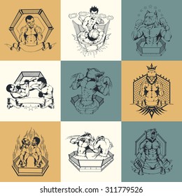 Set of nine illustration on Martial Arts topic. Figters.