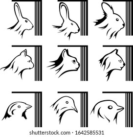 A set of nine illustrations about laboratory experiments on animals and keeping them locked up. Rabbits, cats, sparrows, etc. Vector illustration.