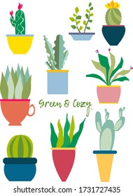 Set of nine illustrations of cute cartoon cactus, succulents and plants in pots in a flat style and with green&cozy text message. can be used for cards, invitations or  stickers