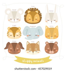 set of nine illustrations with cute cartoon fox, bunny, bear, kitty, lion, tiger, dog and mouse on white background. sleepy animals set. can be used for greeting cards or birthday invitations