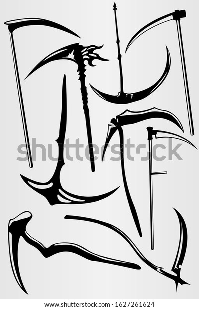 A\
set of nine illustrations of death scythes. From the realistic to\
the cartoonish scythe of death. Vector\
illustration.