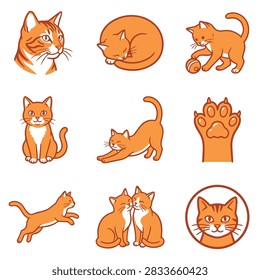A set of nine illustrations depicting various poses and actions of an orange tabby cat, including sleeping, playing, stretching, and interacting.