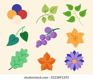 Um conjunto de nove ilustrações com vários elementos florais e vegetais. Essas ilustrações podem ser usadas para criar designs exclusivos para diversas finalidades.