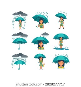Set of nine illustrations featuring young girls with umbrellas in various rain scenarios, showcasing different poses and expressions.