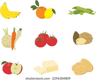 A set of nine illustrations of food for vegetarians