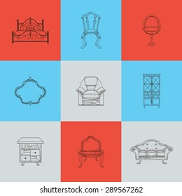 Set of nine illustrations furniture for home on colored background.