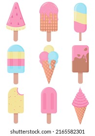 Set of nine illustrations of ice cream on a white isolated background. Ice cream set. Waffle ice cream and ice cream on a stick. Vector illustration.