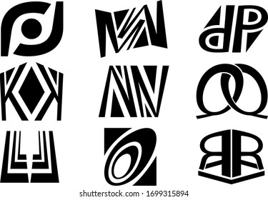 A set of nine illustrations for logos or tattoos. An illustration of various repeating letters. Vector illustration.
