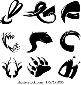 A set of nine illustrations for logos or tattoos. Illustration of parts of various wild animals. Vector illustration.