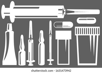 A set of nine illustrations of syringes, test jars, and more. Method of various treatments. Assistance to a person in the treatment of diseases. Vector illustration.