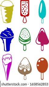 A set of nine images of ice cream. Creative art. Images for different restaurants and other establishments. Vector illustration.