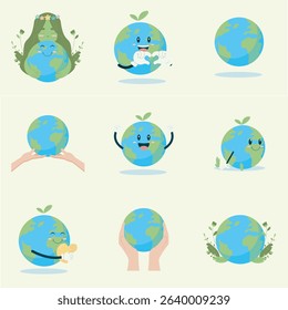 Set of nine images showcasing a friendly cartoon Earth in different poses, including holding, embracing, and expressing various emotions.