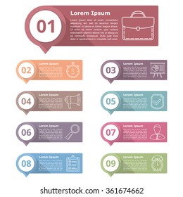 Set of nine infographics design elements for your text with numbers and line icons, vector eps10 illustration