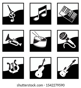 set of nine isolated black and white square icons on a musical theme
