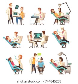 Set Of Nine Isolated Cartoon Dentistry Scenes  With Patient In Medical Armchair And Working Dentist Flat Vector Illustration 