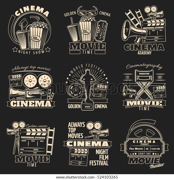 Set of nine\
isolated cinema and film making emblems with various symbols in\
vintage style vector\
illustration