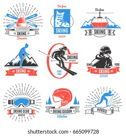 Set of nine isolated colored vintage nordic skiing labels with sportsmen and equipment symbols and captions vector illustration