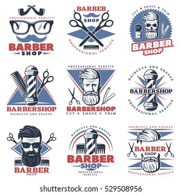 Set of nine isolated colorful emblems with barber hipster character images barbershop decorative accessories and captions vector illustration