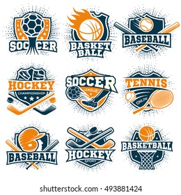 Set of nine isolated colorful sport logos representing different sport disciplines on blank background flat vector illustration