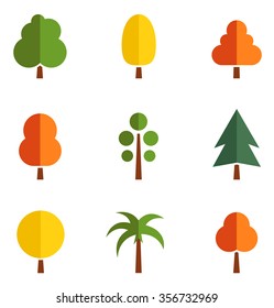 set of nine isolated colorful trees silhouette on origami style