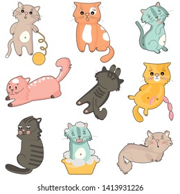 set of nine isolated cute cats in  different poses