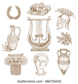 Set of nine isolated drawn greece ancient decorative images with elements of classic architecture and vessels vector illustration