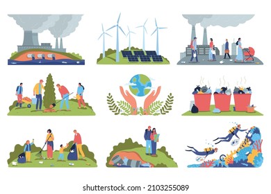 Set of nine isolated ecology air and water pollution compositions with human characters of activists volunteers vector illustration