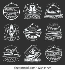 Set of nine isolated emblems of canoe and kayak mountain adventure tours white on dark background vector illustration