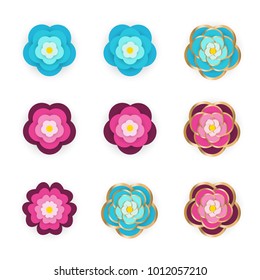 Set of nine isolated flowers. Vector illustration.