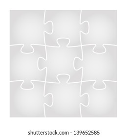 Set of nine isolated grey puzzle pieces in the square composition / puzzle background