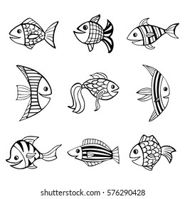 Set of nine isolated hand drawn black outlines fishes on white background.