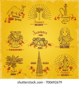Set of nine isolated hand drawn dubai labels with decorative icons of sights characters with captions vector illustration